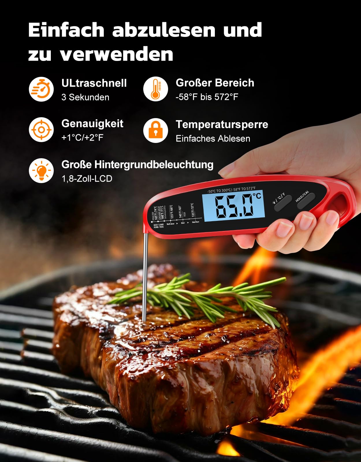 Babacom Fleischthermometer Sofortanzeige mit zwei Sonden & großem Bildschirm, Bratenthermometer mit Alarmeinstellung und Kalibrierung, Grillthermometer für Küche, Ofen, Zucker, Flüssigkeiten, BBQ 3