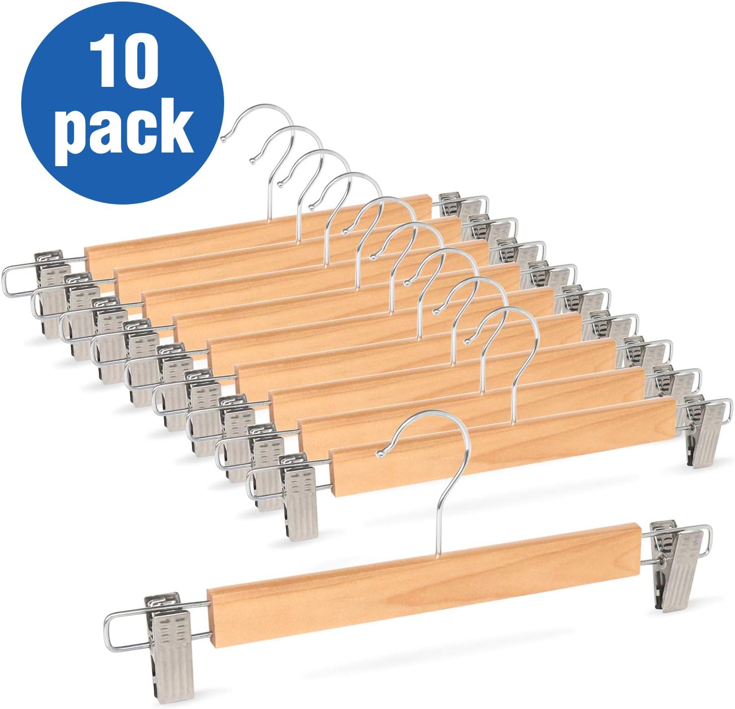 HKLIVE Wooden Pants Skirt Hangers Natural Finish with 2 Adjustable Ant Rust Clips, 10 Pack