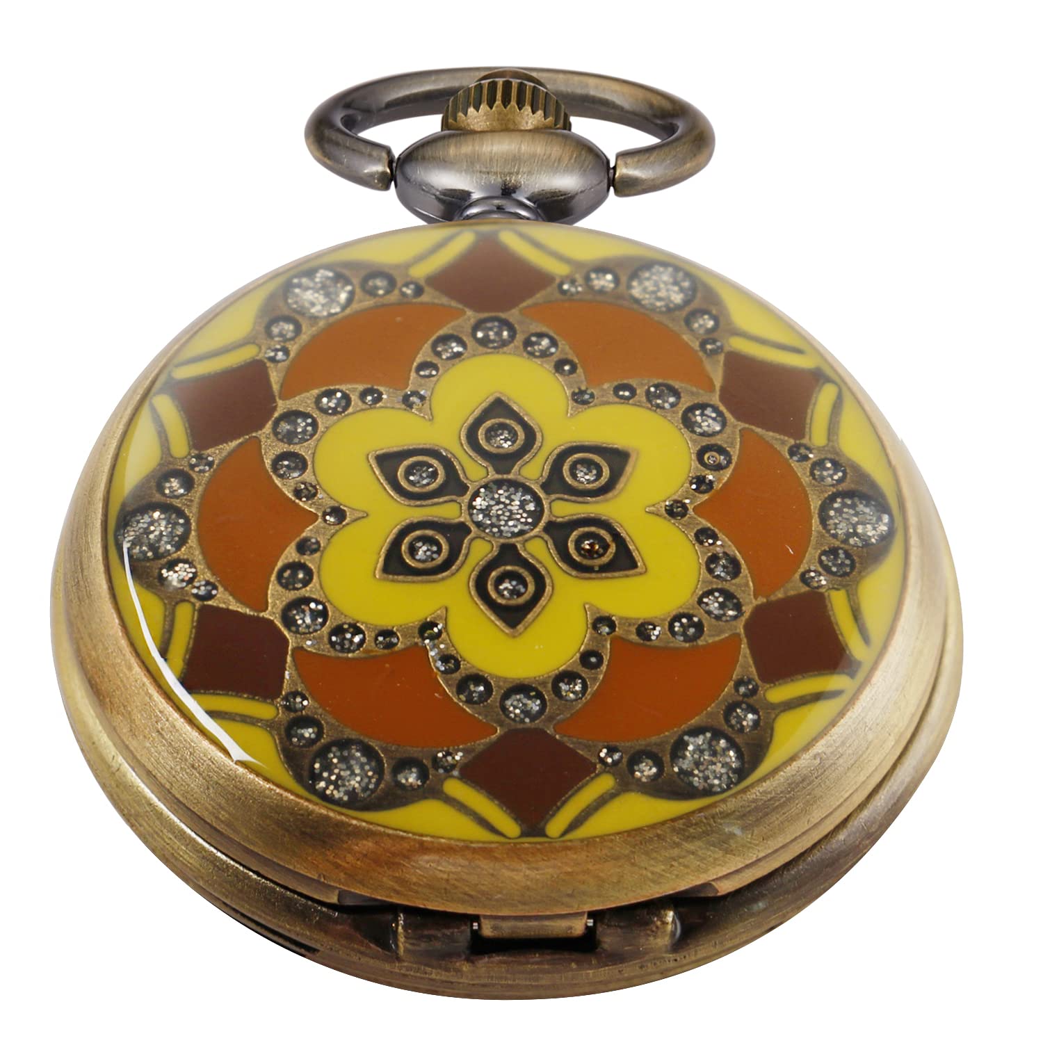 Tiong Vintage Yellow Emerald Flower Shape Quartz Movement Pocket Watch, Fashion Unisex Quartz Pocket Watches with Chain for Men and Women