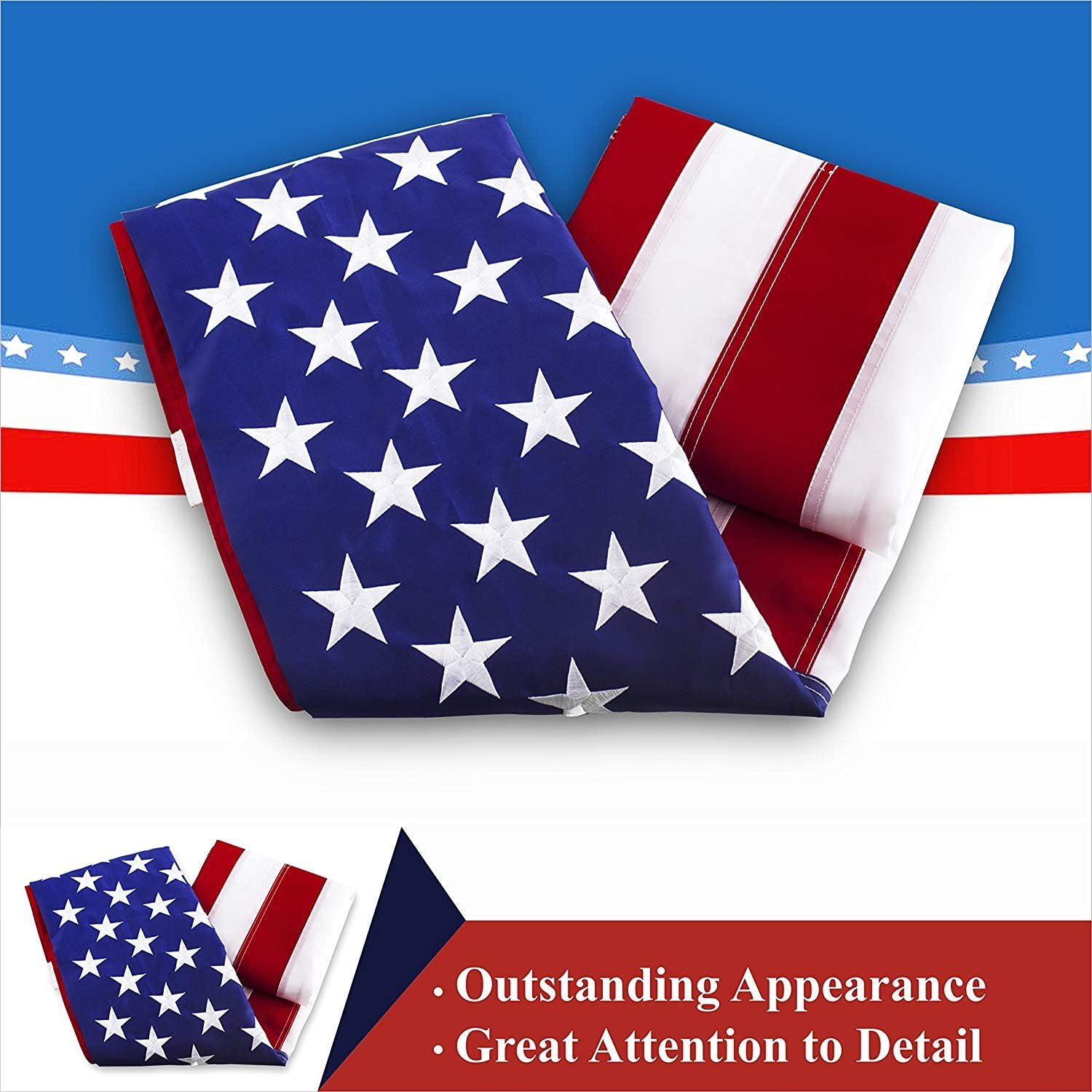 G128 American Flag 5x8 ft USA US Flag Embroidered Stars Sewn Stripes Brass Grommets Durable Indoor Outdoor Use : Garden & Outdoor