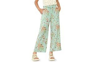 IIMMER Girls Summer Print Drawstring Wide Leg Pants High Waisted Palazzo Pants Lounge Trousers with Lining Pocket 5-14 Years
