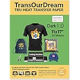 TransOurDream Dark Heat Transfer Paper for T Shirts (10 Sheets, 11x17") Printable HTV Heat Transfer Vinyl for Inkjet Printer Iron on Transfers for Dark Fabrics