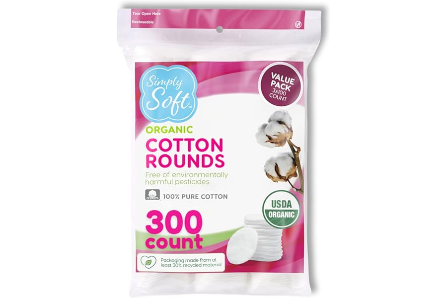 Simply Soft Premium Organic Cotton Rounds, 100 Count (Pack of 3), 100% Cotton Pads, Certified Organic, Hypoallergenic, Soft & Absorbent for Beauty, Cosmetics, Skin Care, Lint Free