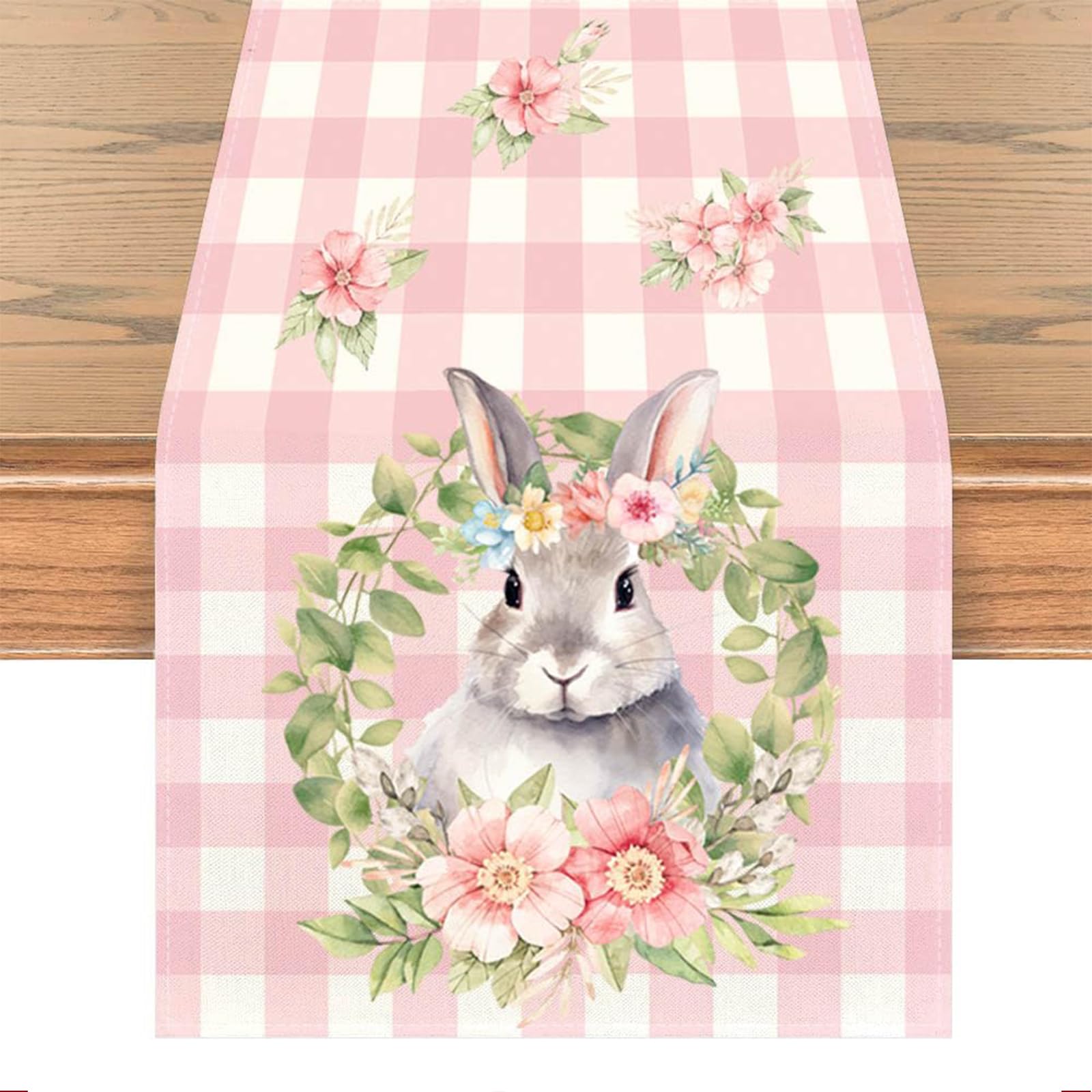 TELAIN Easter Table Runner, 13x35 inch, Colourful with Easter Bunny and Flowers, Durable Linen, Ideal for Spring and Easter Decoration At Home and Parties
