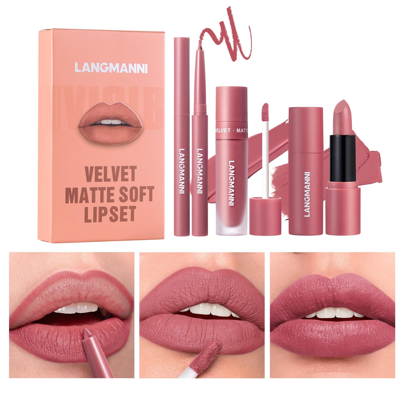 3PCS Matte Liquid Lipstick Lip Gloss & Liner Set - All-IN-One Lip Kit, Velvety Nude Color, Waterproof Make Up Set (# 04)