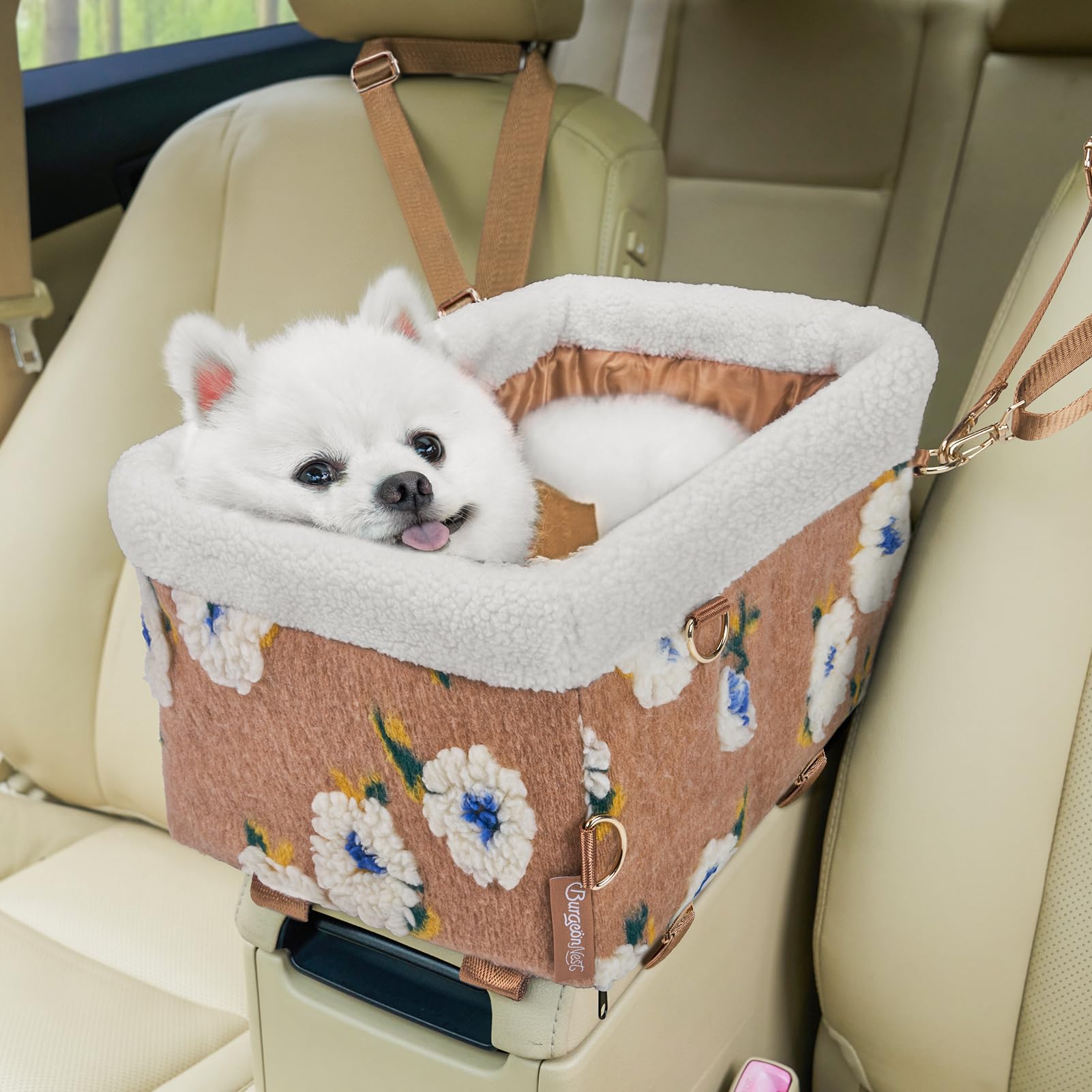 Photo 1 of BurgeonNest Dog Carseat for Small Dog, Center Console Pet Booster Seats with Metal Frame, Upgraded Pet Carseat with Double Protection Seat Belts, Washable Cushion, Safety Leash and Storage Pocket
