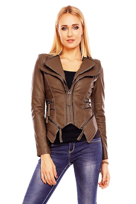 Mayaadi Damen Kunst-Lederjacke im Biker-Stil Moderne Übergangsjacke in schöner Leder-Optik WS-901