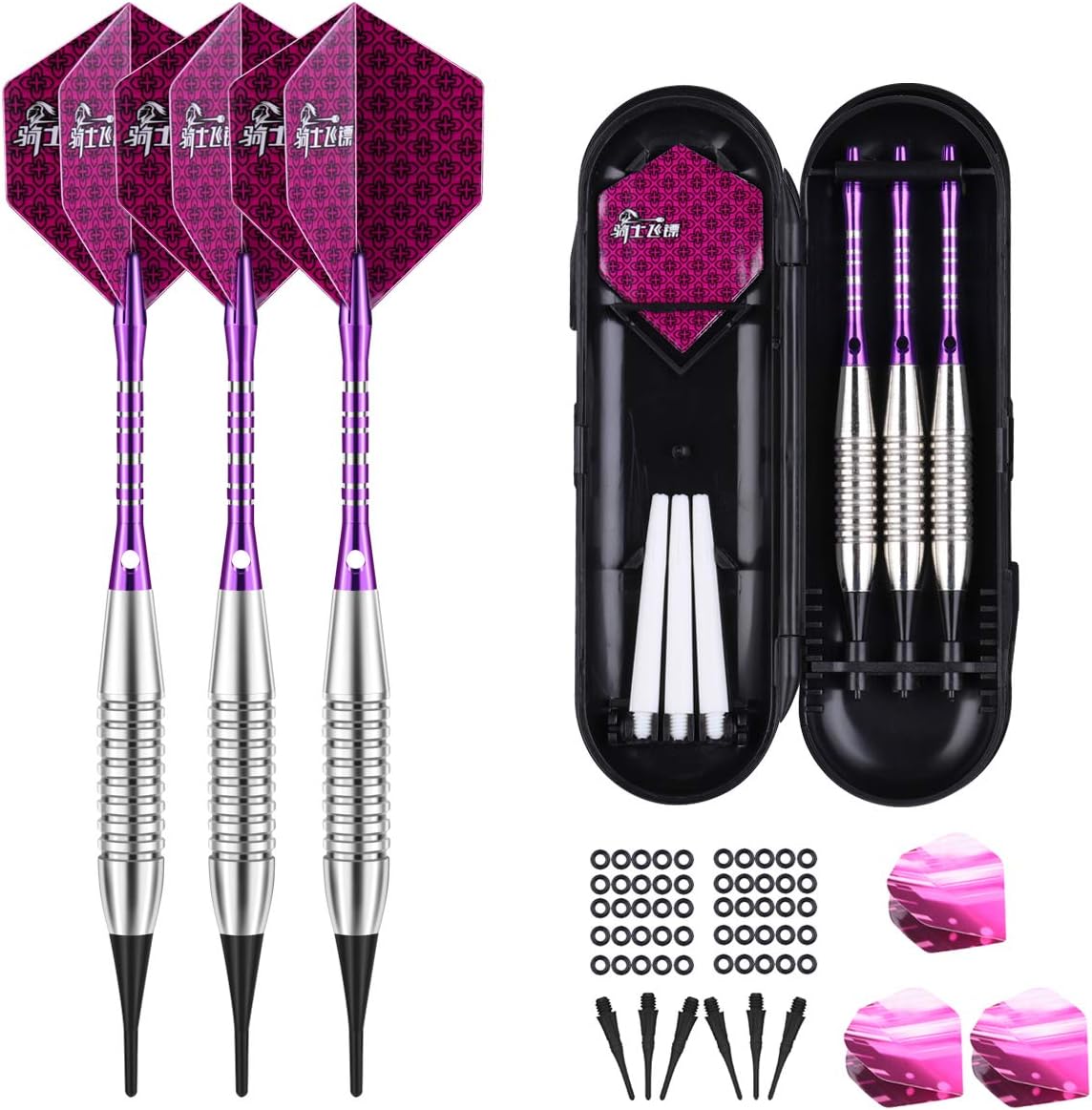 sanfeng Darts Plastic Tip Set - 18g Soft Tip Darts - Nickel Plated Silver Dart Barrel 16 Grams + 50 Anti-Loose O-Rings + 6 Shaft (Aluminum/Nylon 45mm) + 6 Flights + Extra 50 Soft Tips Electronic Dart