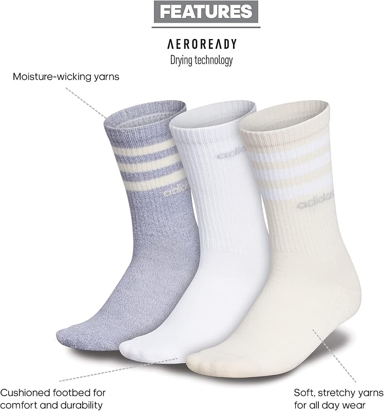 Unisex - Adulto 3-Stripes Linear Half-Crew Cushioned Socks 3 Pairs, White/Black, 40-42 — foto 3 di 7