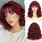 Ellieryan Wine Red Short Wavy Wig with Bangs 14 Inch Curly Bob Wigs for Women Natural Soft Heat Resistant Synthetic Wig for Daily Use & Party Halloween