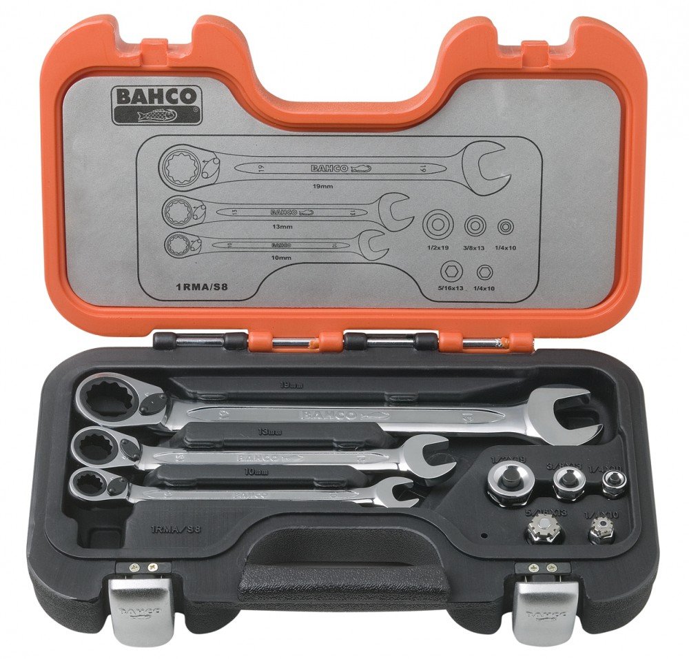 Bahco 1RMA/S8 Ratcheting Combination Wrench Set with Adaptors, Multi-Colour, Set of 8 Pieces
