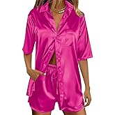 SOFTHO Women's Silk Pajama Set 2 Piece Loungewear Short Sleeve Button Down Pjs Satin Top and Shorts Sleepwear