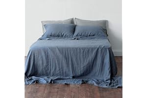 BISELINA Linen Sheet French Flax Flat Sheet Only 55% Euro Linen 45% Cotton Basic Style Solid Color Soft Breathable Farmhouse Top Sheet 1-Piece (Queen, Navy Blue)