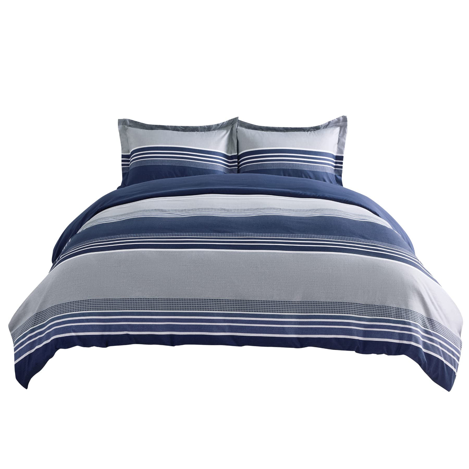 Bedsure Double Duvet Cover Set - Stripe Printed Brushed Microfiber Quilt Cover Sets, Bedding Set with 2 Pillowcases, Navy Blue, 200x200cm