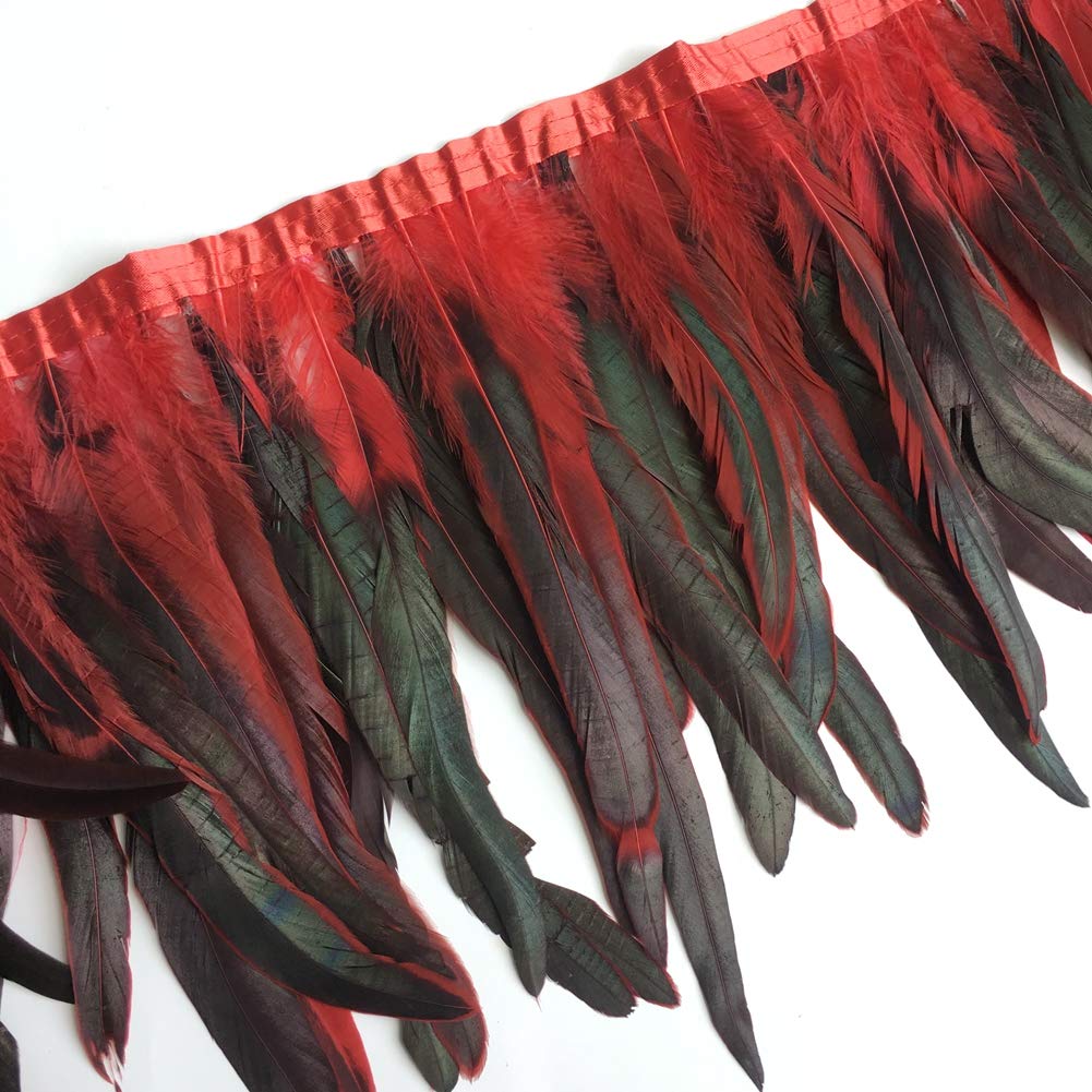Sowder Rooster Hackle Feather Fringe Trim 10-12inch in Width Pack of 1 Yard (Red&Black)