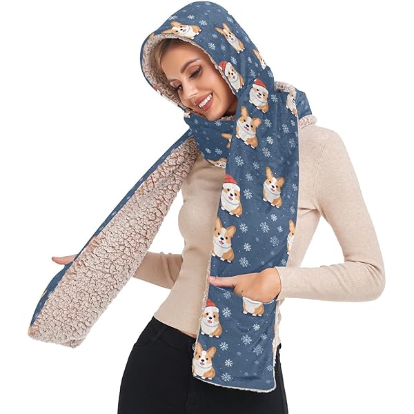 Winter Hooded Scarf for Women Green Corgi Pattern Hoodie Hat Scarf