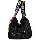Crochet Tote Bag, Boho Knit Shoulder Purse for Summer Outfits | Crochet shoulder purse, 13.39 x 5.98 in, available in solid and 3D flower-accent styles for summer outfits.