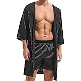 AMY COULEE Mens Silk Robe with Shorts 2 Pcs Satin Boxers Hooded Bathrobe Sexy Pajama Set Half sleeve Sleepwear