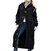 ebossy Women's Long Sleeve Hooded Cardigan Chunky Cable Knit Plus Size Over Knee Duster Coat with Pockets