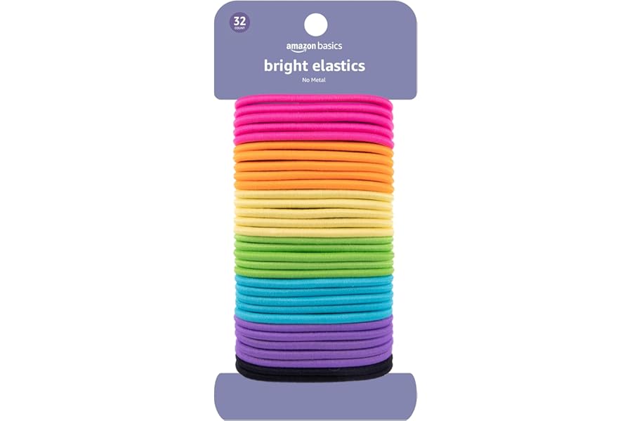 Amazon Basics Pony Tail Hair Ties – Bright 4 MM Elastics for All Types, 32 Count