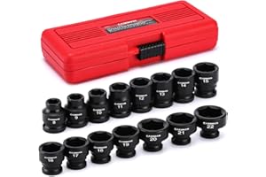 CASOMAN 15PCS 3/8" Drive Stubby Impact Socket Set, Low Profile, 8-22mm, Metric, CR-MO, 6-Point, 15 Pieces Shallow Socket Set 