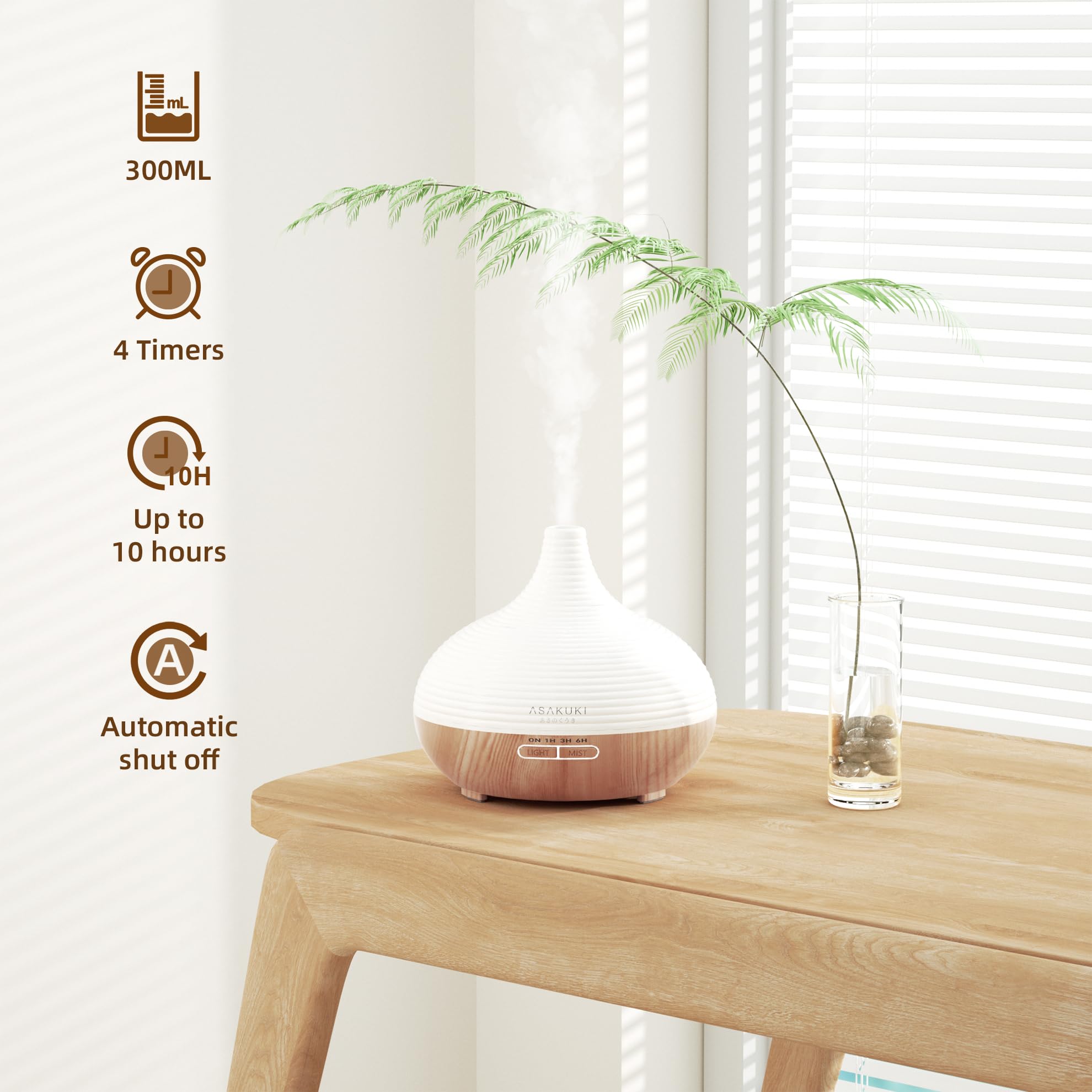 ASAKUKI 300ML Essential Oil Diffuser, Wood Grain BPA-Free Whisper Quiet Cool Mist Humidifier, Natural Home Fragrance Diffuser with 14 Colors LED Lights and Easy to Clean - Light Brown