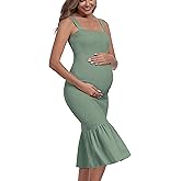 Summer Tank Maternity Dress Sleeveless Strappy Midi Bodycon Square Neck Ruffle Mermaid Smocked Dress for Baby Shower