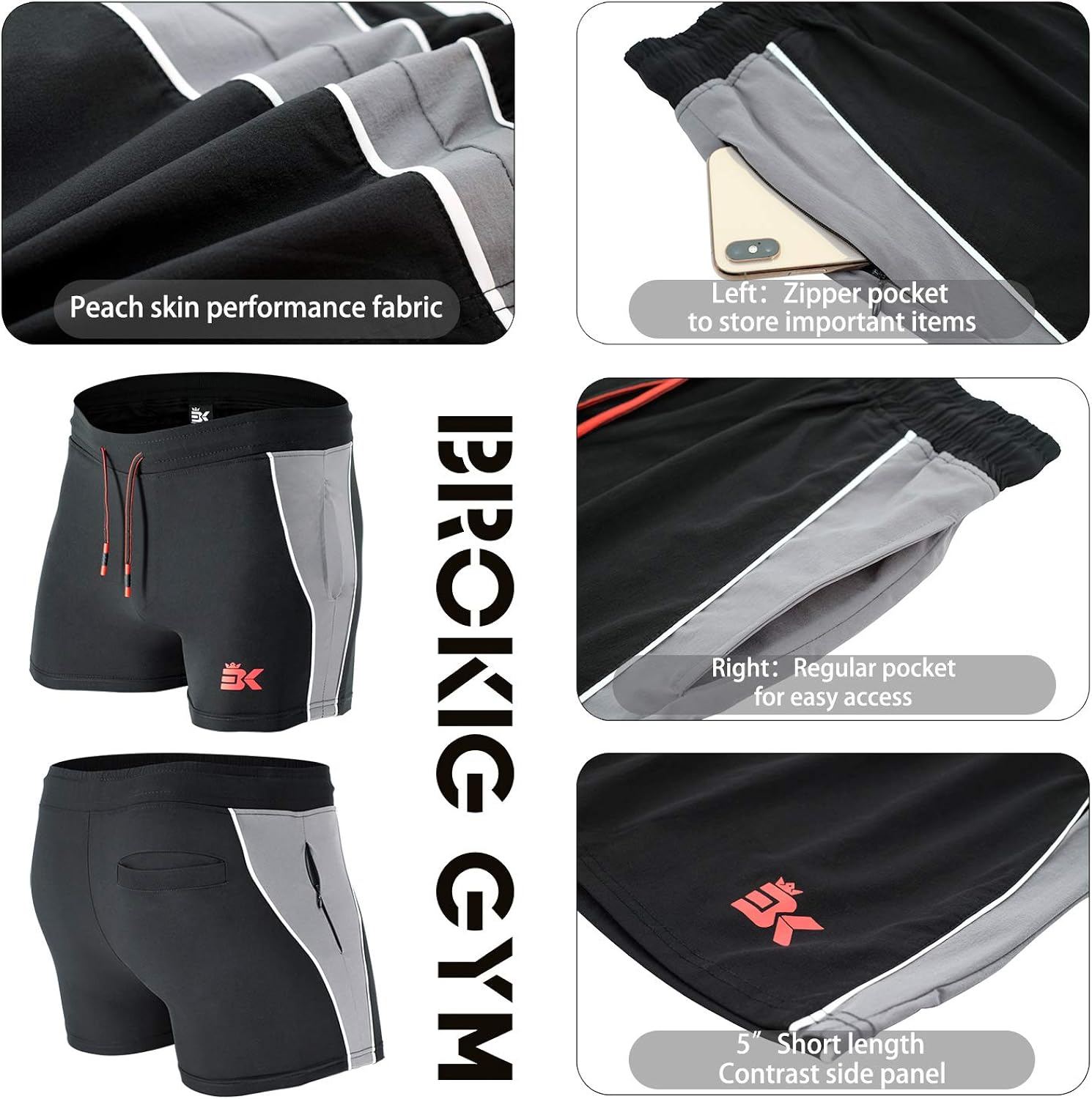 BROKIG Men's 5" Gym Bodybuilding Shorts Running Workout Lightweight Shorts Elastic Waistband with Pockets: Clothing