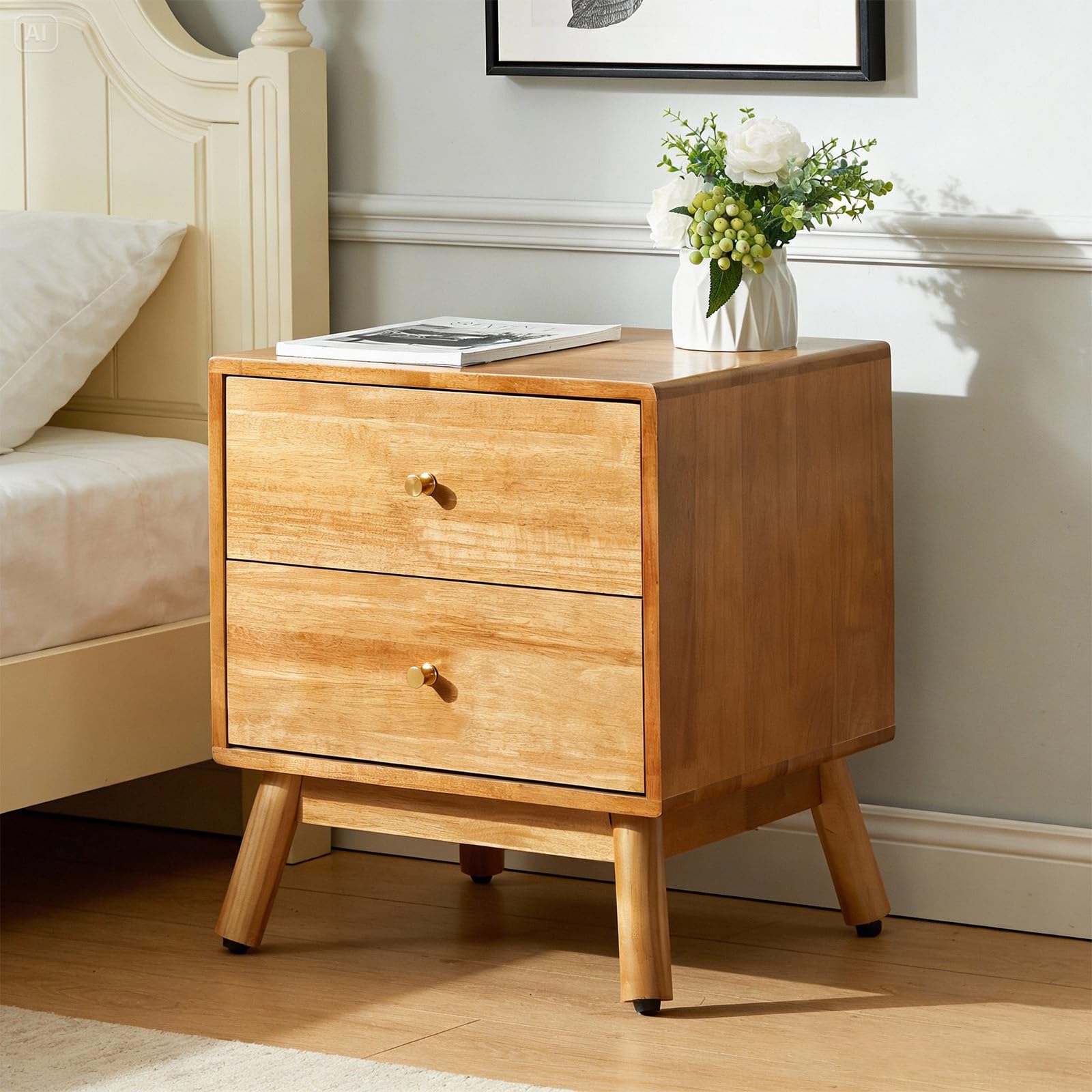 Photo 1 of **PARTS ONLY** Artswish Solid Wood Nightstand with Drawers & Charging Station, Mid-Century Modern Nightstand, Natural Wooden Bedside Table End Table, Wooden Side Tables for Bedroom
