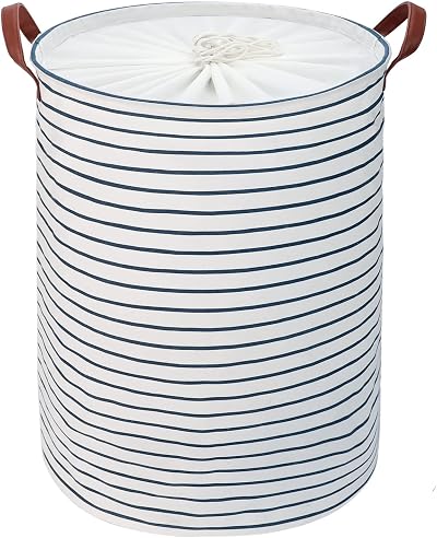 DOKEHOM 24-Inch Freestanding Laundry Hamper with Lid XL Blue Stripe