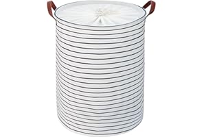 DOKEHOM 24-Inches Freestanding Laundry Basket with Lid, Collapsible Extra Large Drawstring Clothes Hamper Storage with Handle (Blue Stripe, XL)