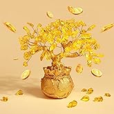 Yellow Crystal Money Tree, Handcrafted 90 Crystal Gems on Rose-Gold Wire, Solar Plexus Chakra Healing, 6″ Feng Shui Money Tree for Wealth Attraction, Chakra Balancing, Good Luck, Home Décor Gift