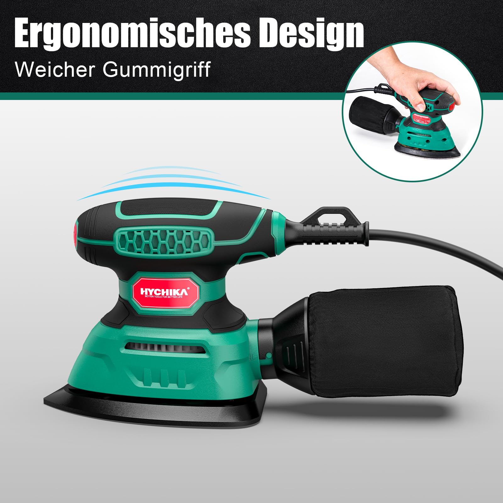 HYCHIKA 140W Deltaschleifer, 13000 OPM Multischleifer Effiziente Staubabsaugung, mit 12PCS Schleifpapier, Ideal zum Schleifen von Holz und Entfernen von Rost und Farbe 2