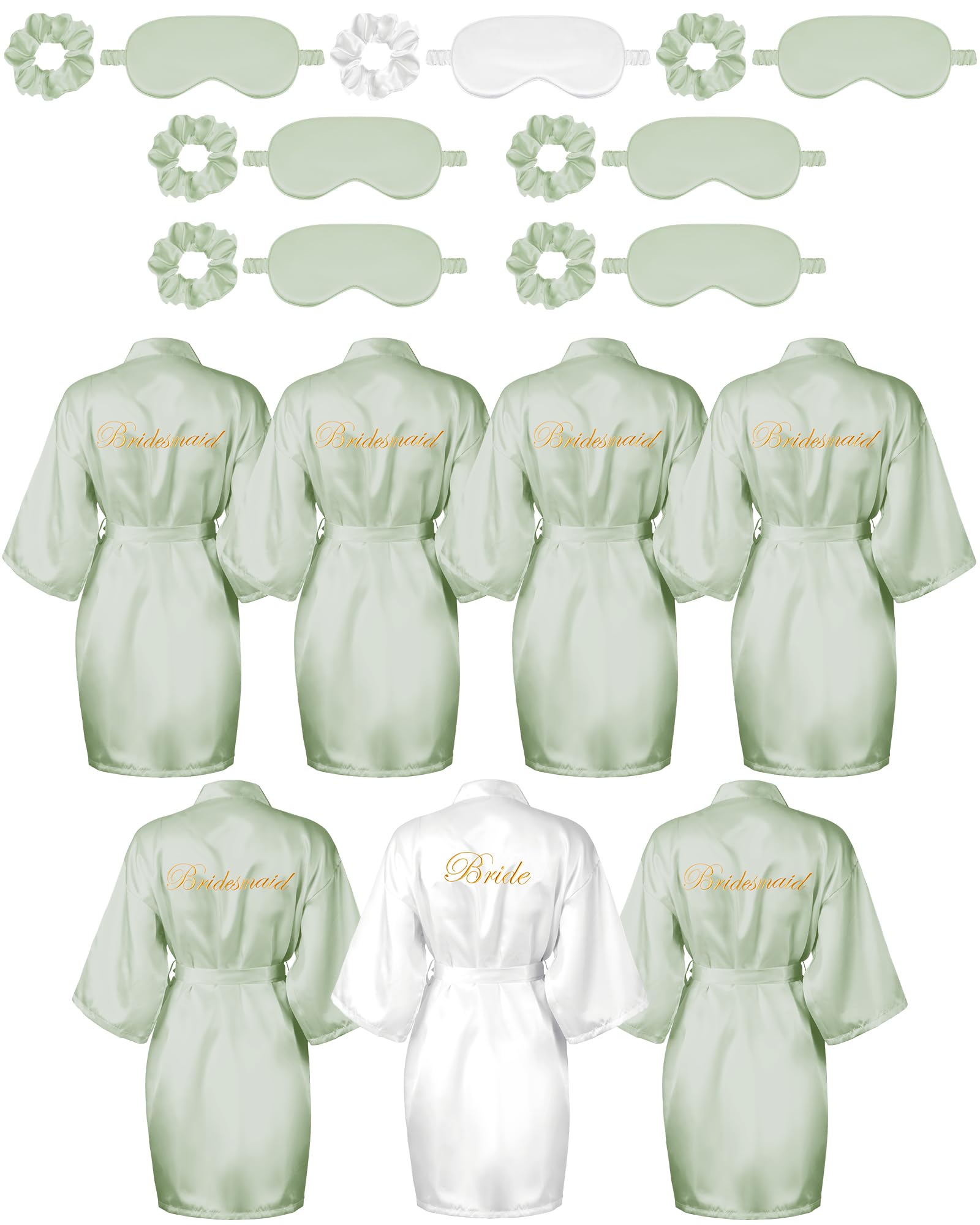 Photo 1 of Jecery 7 Pcs Bridesmaid Robe Sets Bride Silk Satin Bridal Party with Sleeping Eye Mask and Elastic Headband(White, Light Green)
