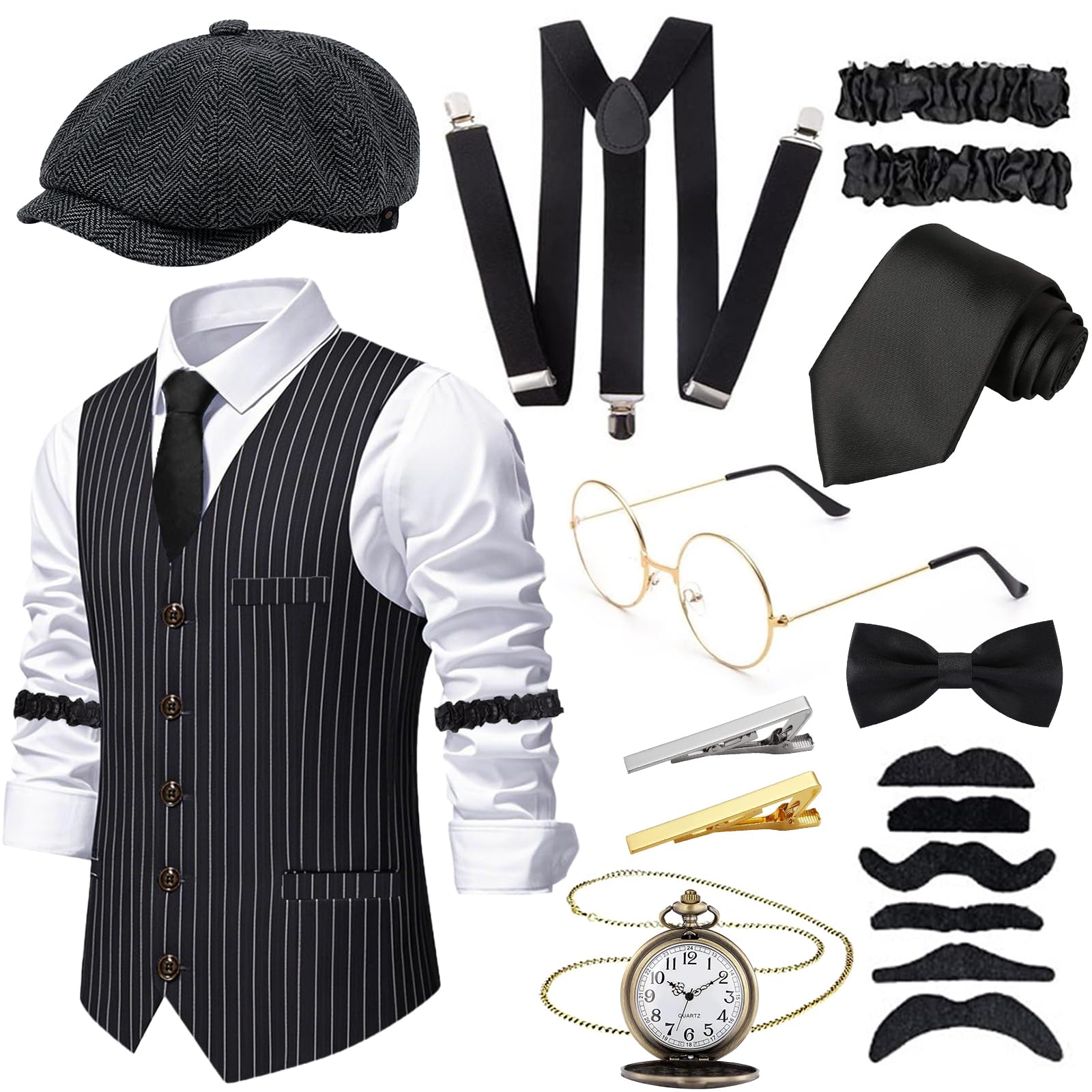 Dazzroi 1920s Mens Costume, Roaring 20s Great Gastby Gangster Outfit with Vest Fedora Hat Pocket Watch Tie for Party Supplies
