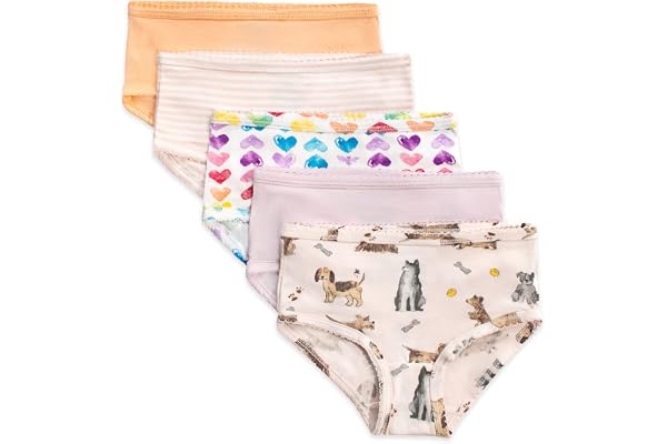 Burt's Bees Baby Toddler Girls' Underwear Set of 5 - Solids, Stripes,Prints, Tag-Free with Sizes for 2T to 8 Years Old