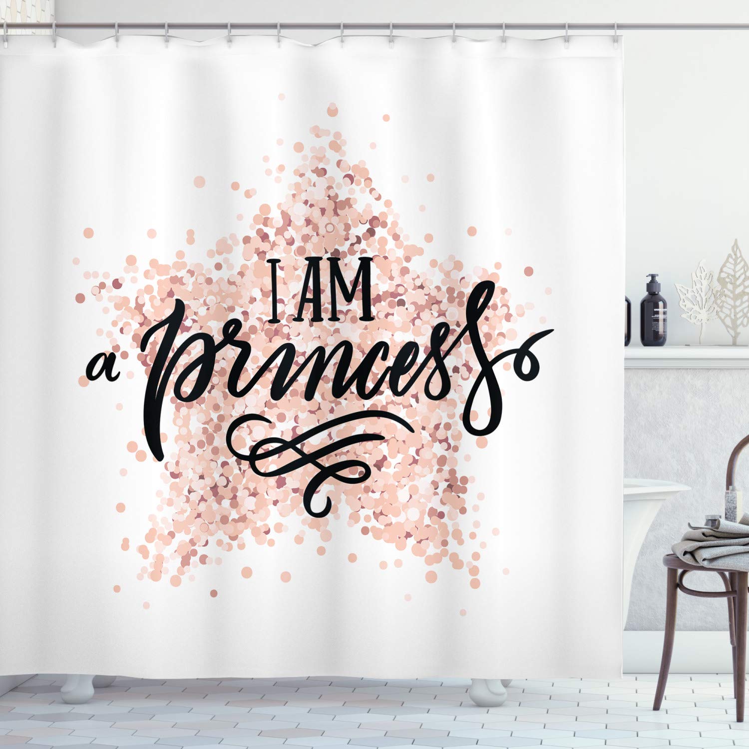 ABAKUHAUS Cartoon Shower Curtain, Modern Calligraphic Words on Dotted Background Hand Lettering, Cloth Fabric Bathroom Decor Set with Hooks, 70" Inches, Black White and Blush — image 1