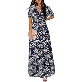 BLENCOT Womens Casual Boho Floral Printed V Neck Short Sleeve Long Evening Dress Ruched Cocktail Party Maxi Wedding Dress