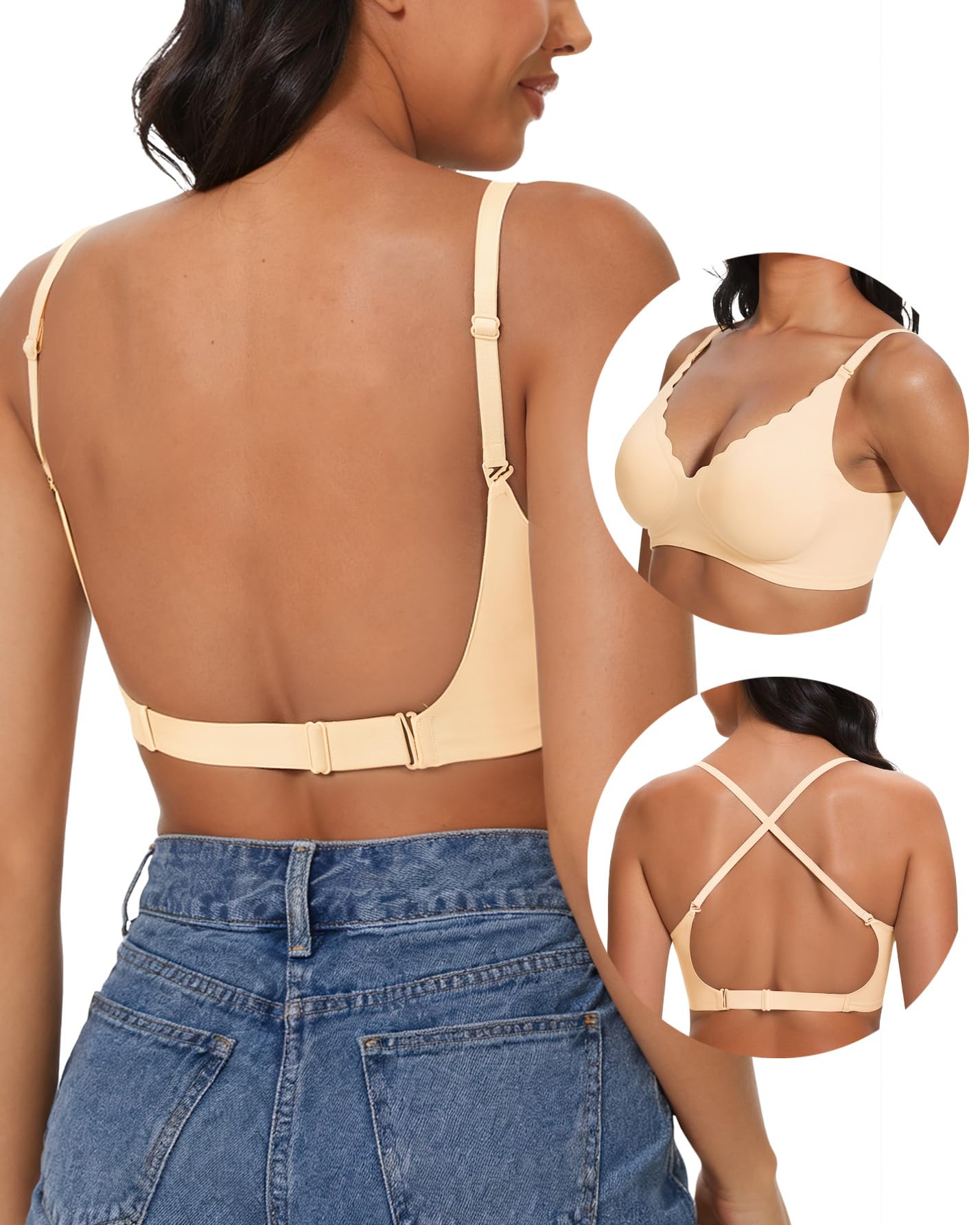 Photo 1 of Low Back Bra Halter Bra Backless Padded Low Cut Seamless Wave Bras Scalloped V Neck Criss-Cross Multiway Bralette, Nude, XL