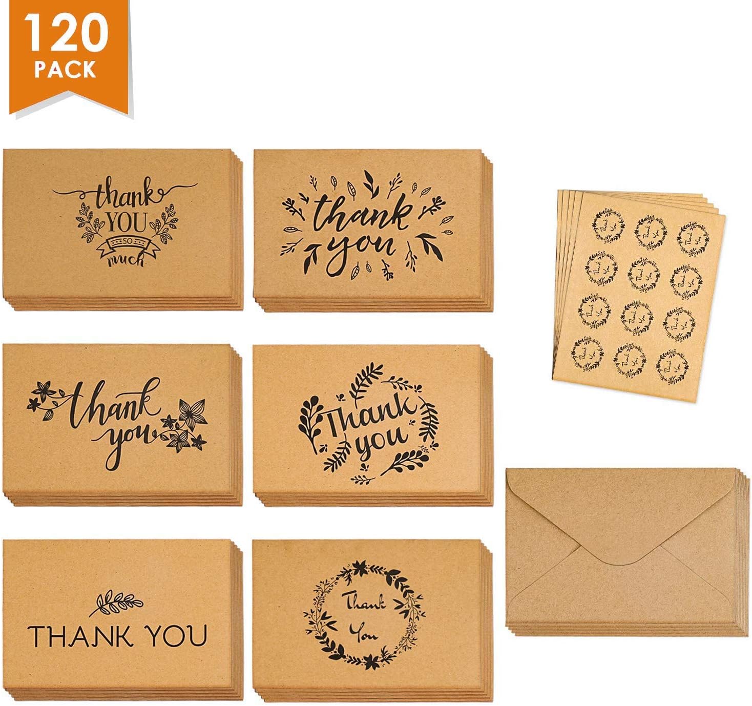 Thank You Cards Set of 120 - Includes Thank You Notes,Brown Kraft Blank Cards with Envelopes & Stickers - Perfect for Graduation, Business, Wedding, Baby Shower, 4×6 Inch