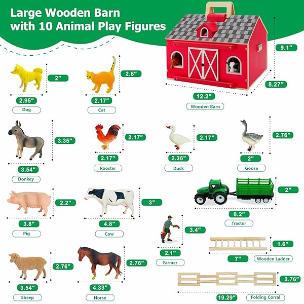SIMPLIPLAY FARM ANIMAL TOYS WITH PORTABLE LARGE WOODEN BARN FOR KIDS 3+ YEARS OLD, 10 PCS FARM ANIMALS FIGURES FOR BOYS, GIRLS, ANIMAL LOVERS, IDEAL GIFT FOR KIDS TODDLERS, IMPROVE FINE MOTOR SKILLS