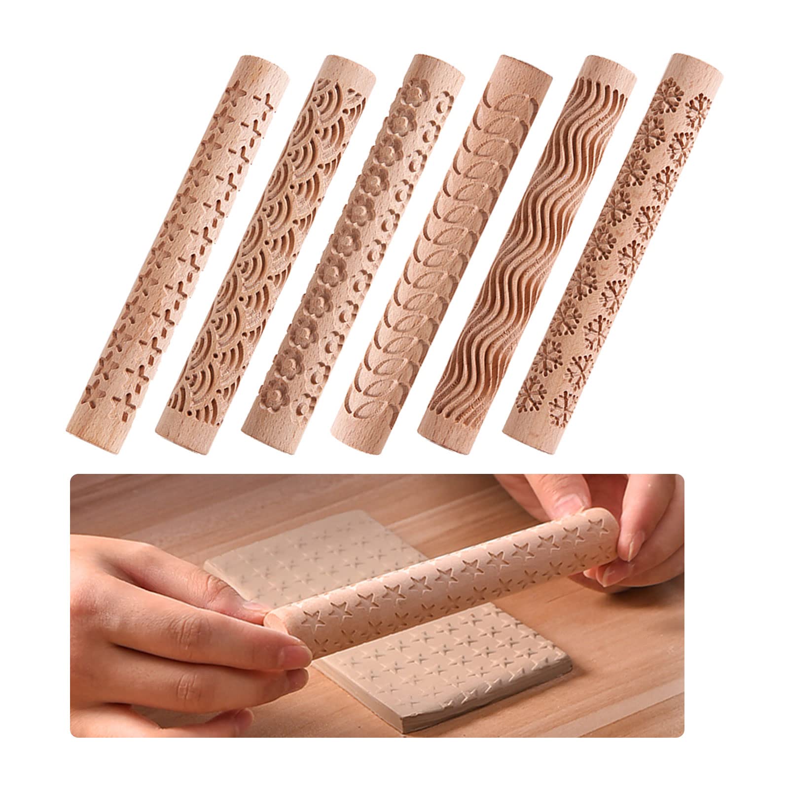 YWNYT 6pcs Wooden Clay Roller, Clay Modeling Pattern Rollers Kit Pottery Pattern Roller Clay Rolling Pin Textured Wooden Handle Pottery Ceramic Carved Tools