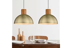 ELYONA 2 Pack Hammered Pendant Lights 12” Vintage Metal & Wood Dome Hanging Lamp Antique Gold Industrial Kitchen Pendant Light Fixtures for Island, Farmhouse, Dining Room, Sink, Hallway, Brushed Brass