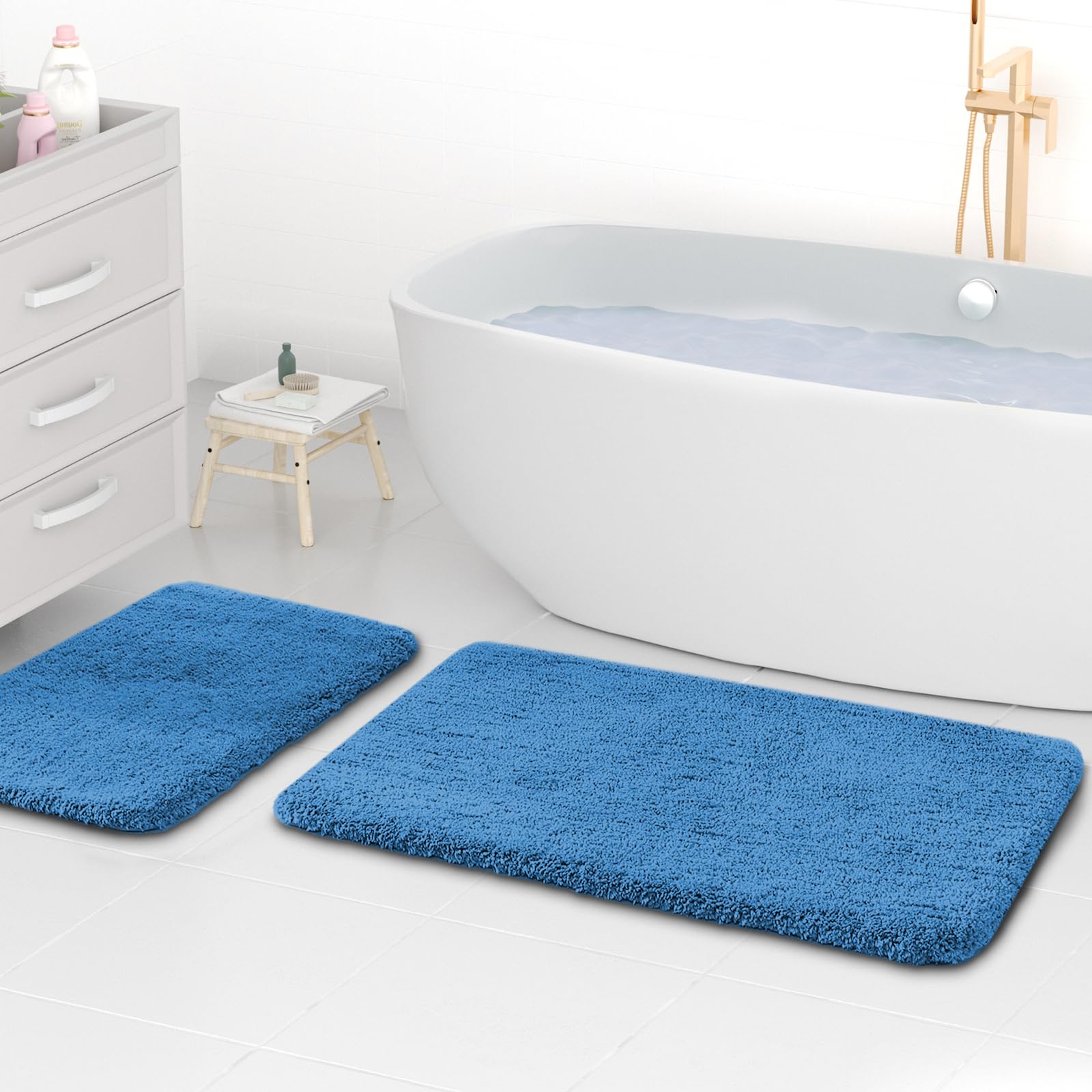 wyewye Microfibre Bath Mats, 2cm Super Thick Bath Rugs, Super Absorbent Bathroom Rugs 50x80cm and 40x60cm, Blue