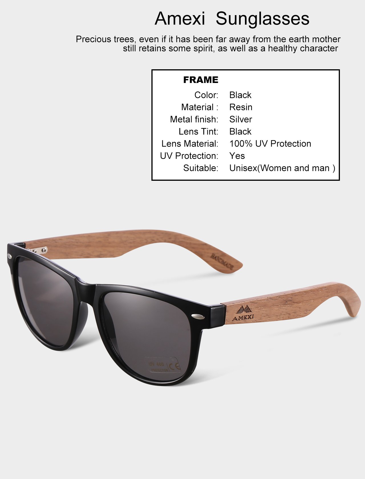 Amexi occhiali da sole in legno UV400 - occhiali con astine in bambù unisex uomo donna - con custodia vintage - diversi colori/Sport Outdoor Sport Pesca Ultra Leggero Occhiali da sole (black)