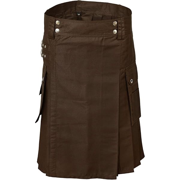 Men's Utility Kilt – Khaki Leather Straps, Adjustable Size 38, Cargo Pockets, 100% Cotton, Sport & Fashion Kilt