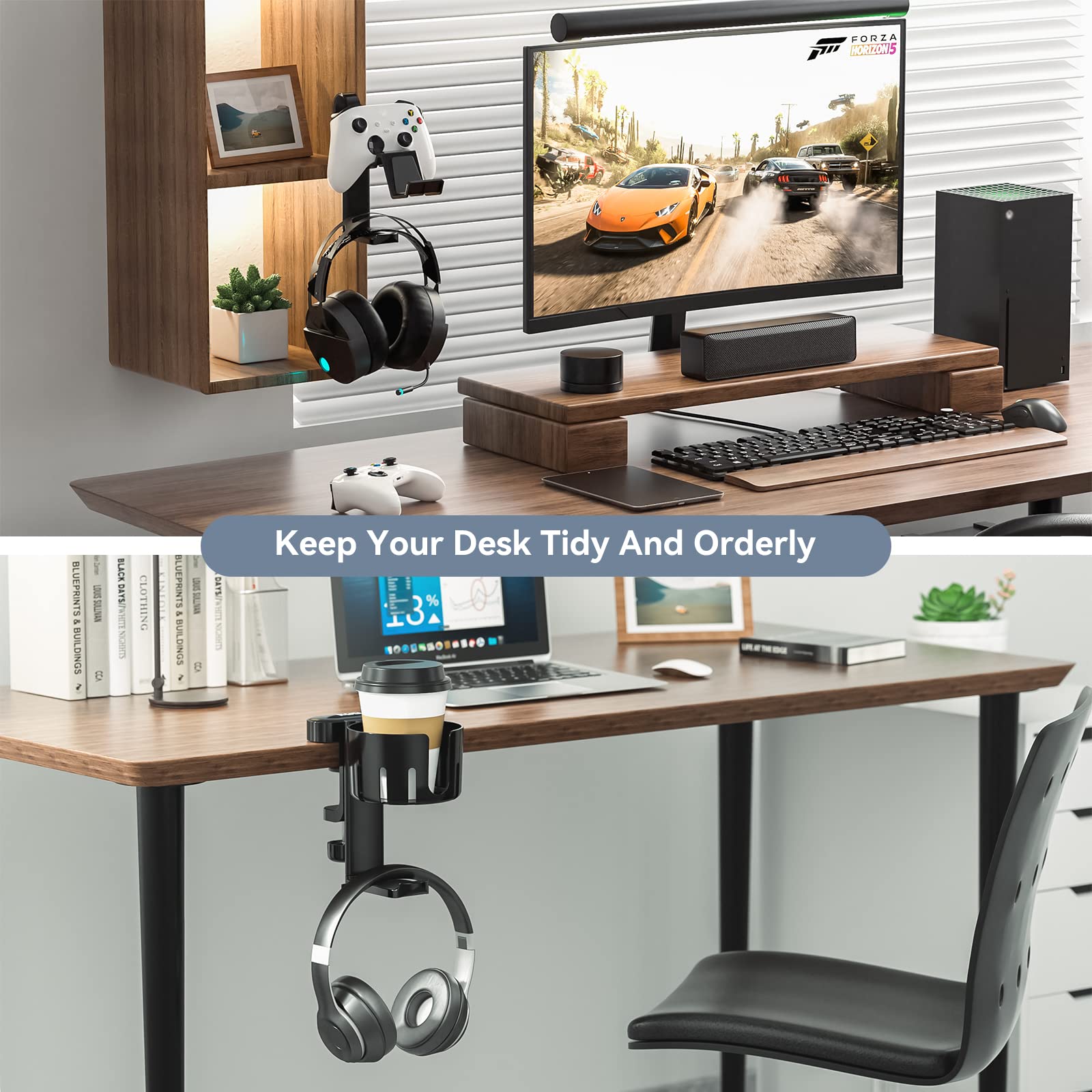 KDD Rotatable Headphone Hanger - Under Desk Clamp Controller Stand Replaceable Cup Holder - Compatible with Universal Headset, Controller, Cup(Black)