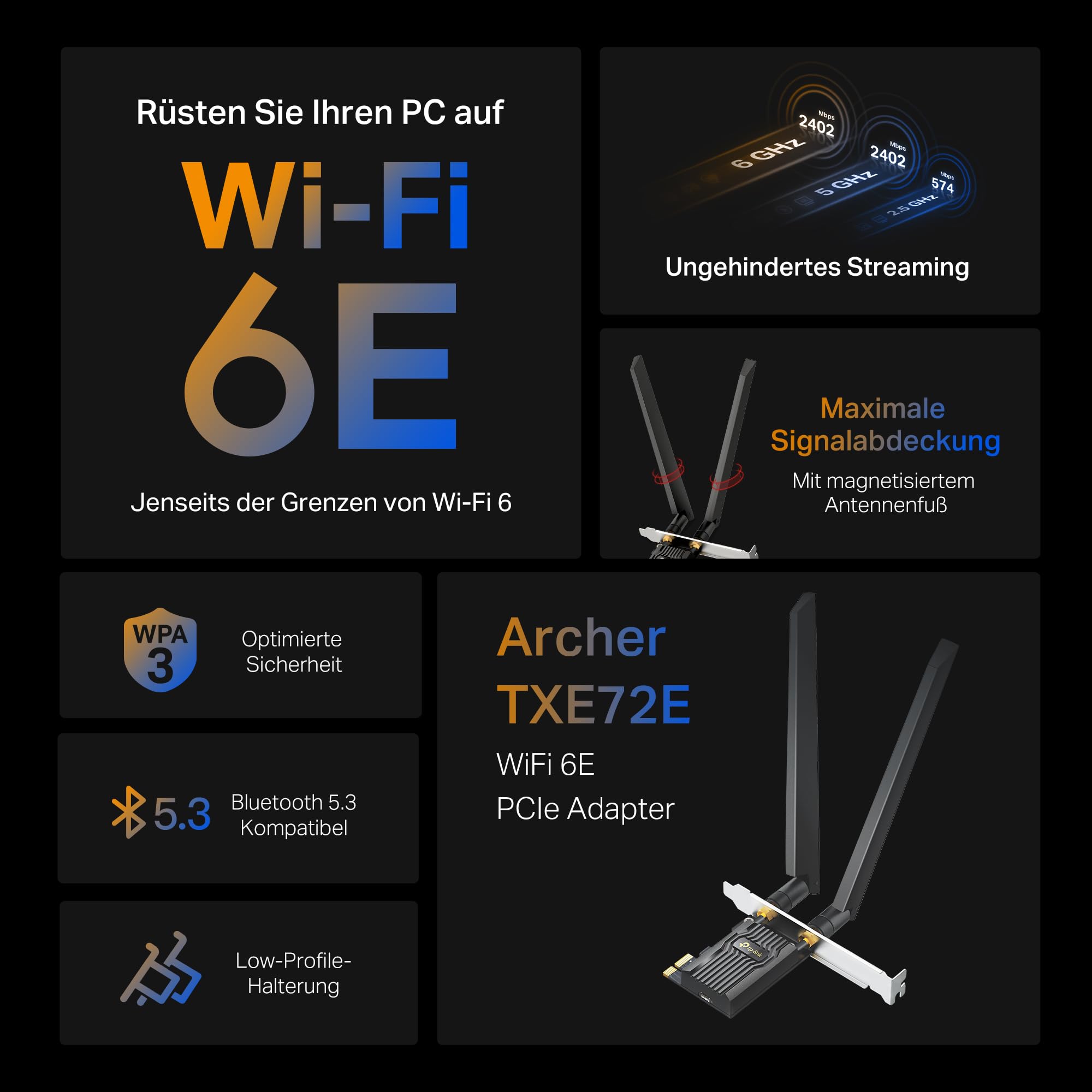 TP-Link Archer TXE72E AXE5400 Wi-Fi 6E Bluetooth 5.3 PCIe Adapter(6 GHz 2402 Mbps,5 GHz 2402 Mbps,2.4 GHz,574 Mbps, Bluetooth 5.3, WPA3-Verschlüsselungsstandards,High-Gain-Antennen) 2