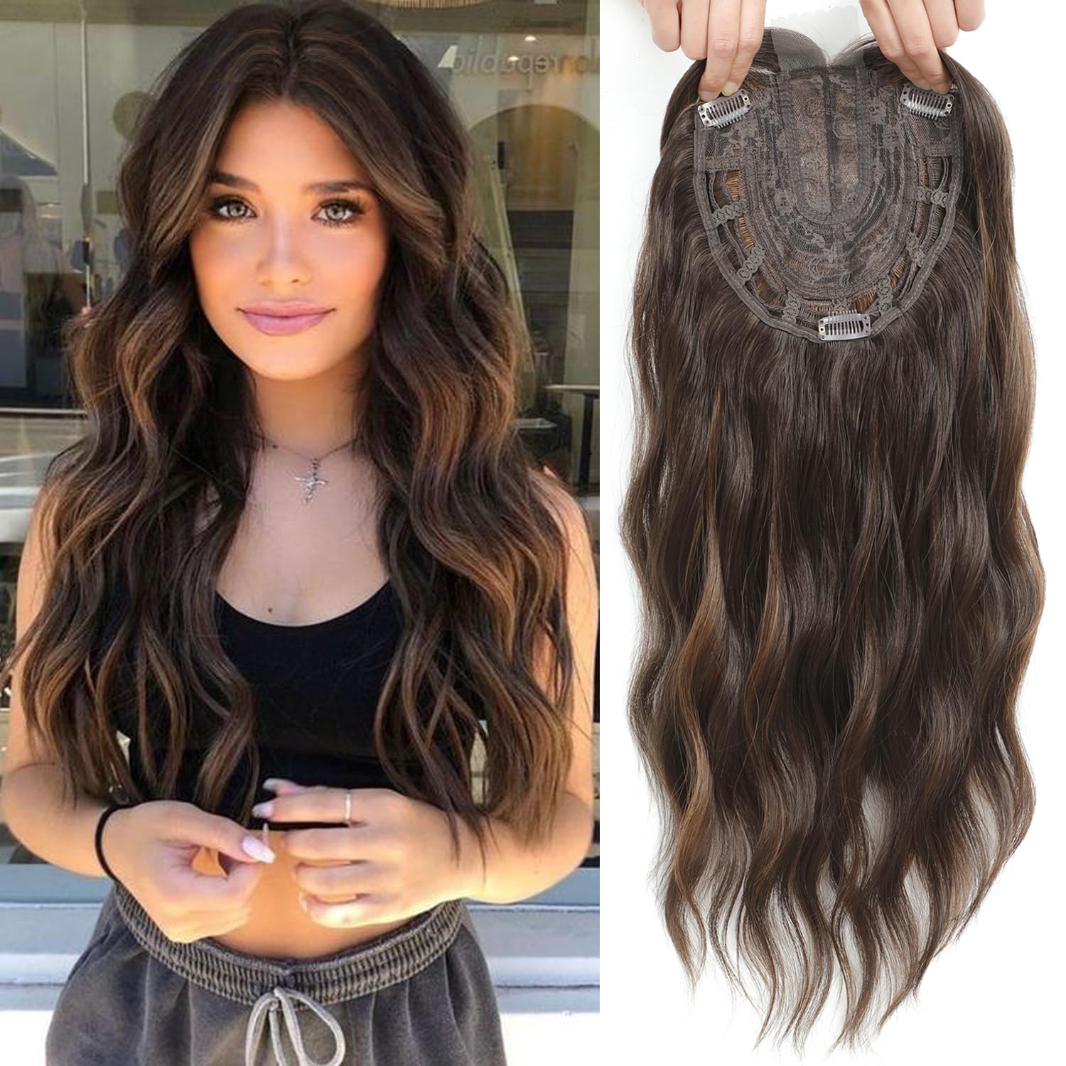 VEGALILY 20inch Hair Topper, 7x7" Base Size Wavy hair Topper for Women, Handmade Natural Hairline Hair toppers Fake Hairpieces for Women (Brown with Highlights)