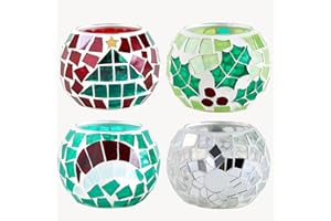SHMILMH 4 PCS Mosaic Glass Tealight Votive Candle Holders - Red & Green Christmas Table Centerpiece Decorations for Indoor/Outdoor Holiday Decor